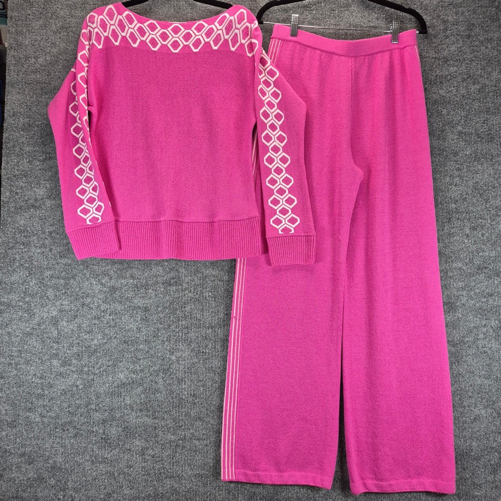 St John Sweater Set Knit Top Pants Pink Geometric Wool Blend S M